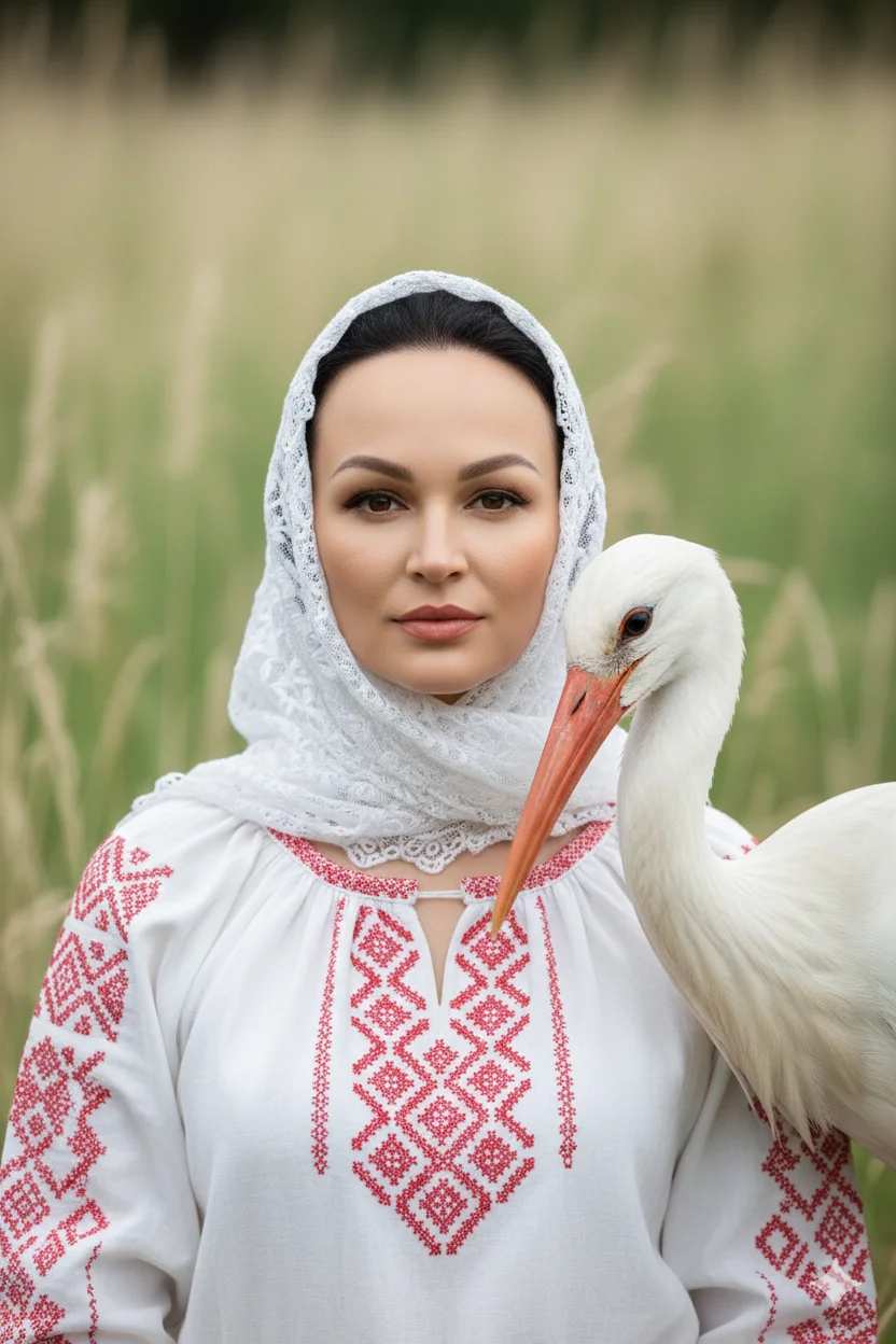 ИИ-фотосессия — в белом платке с аистом