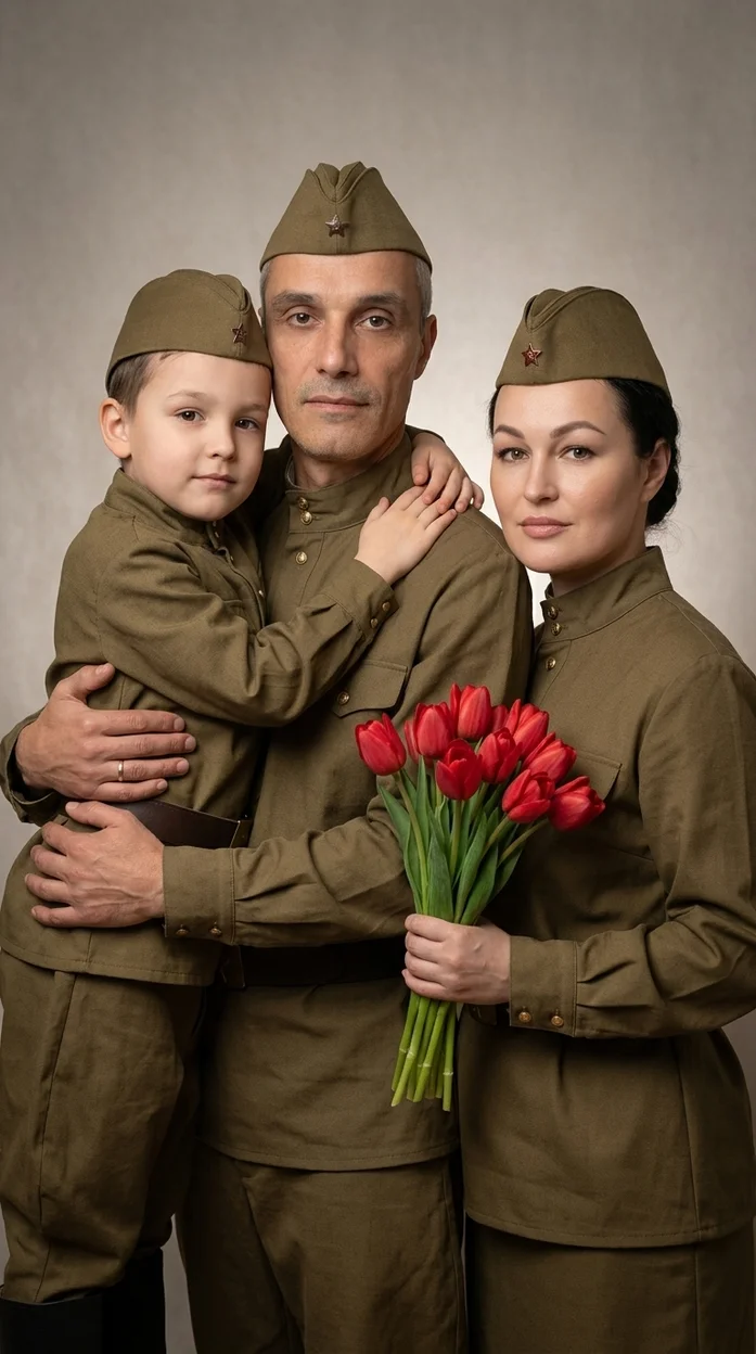 ИИ-фотосессия — Мужчина с женщиной и ребёнком в военной форме стоят вместе(ИСПОЛЬЗОВАТЬ СТРОГО 3 ФОТО)