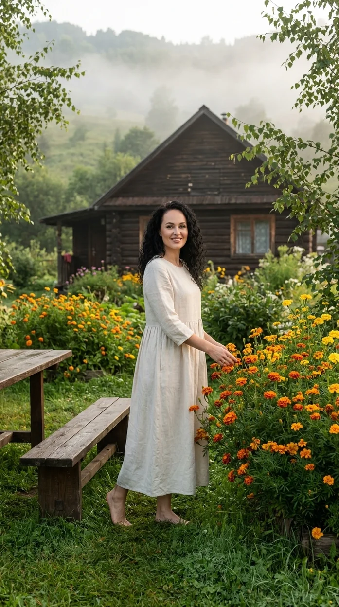  ИИ фотосессия в деревне среди домика и цветов