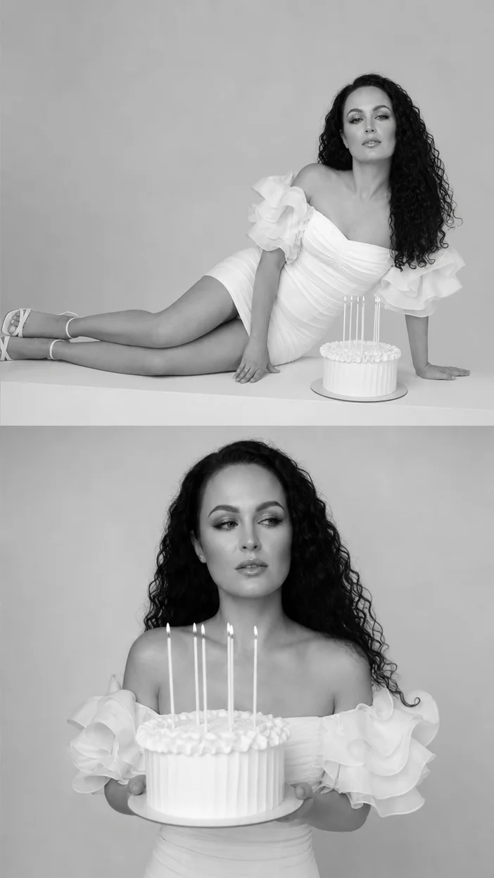  Чёрно-белый праздничный фотоколлаж с тортом на День рождения 