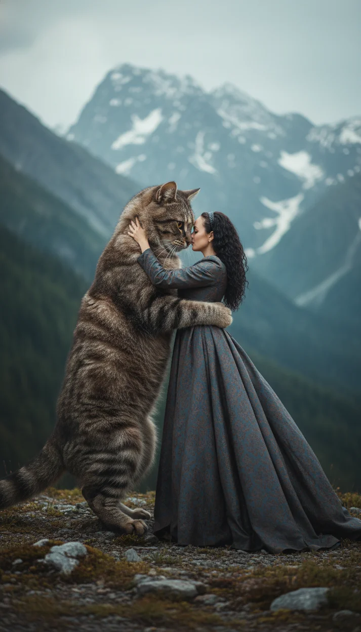 ИИ-фото — Девушка и гигантский кот