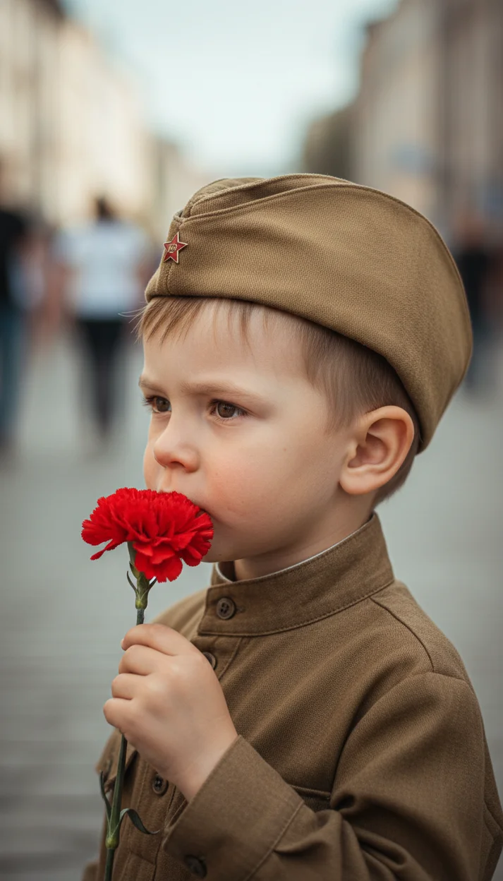 ИИ-фотосессия — Ребёнок в пилотке с гвоздикой у лица